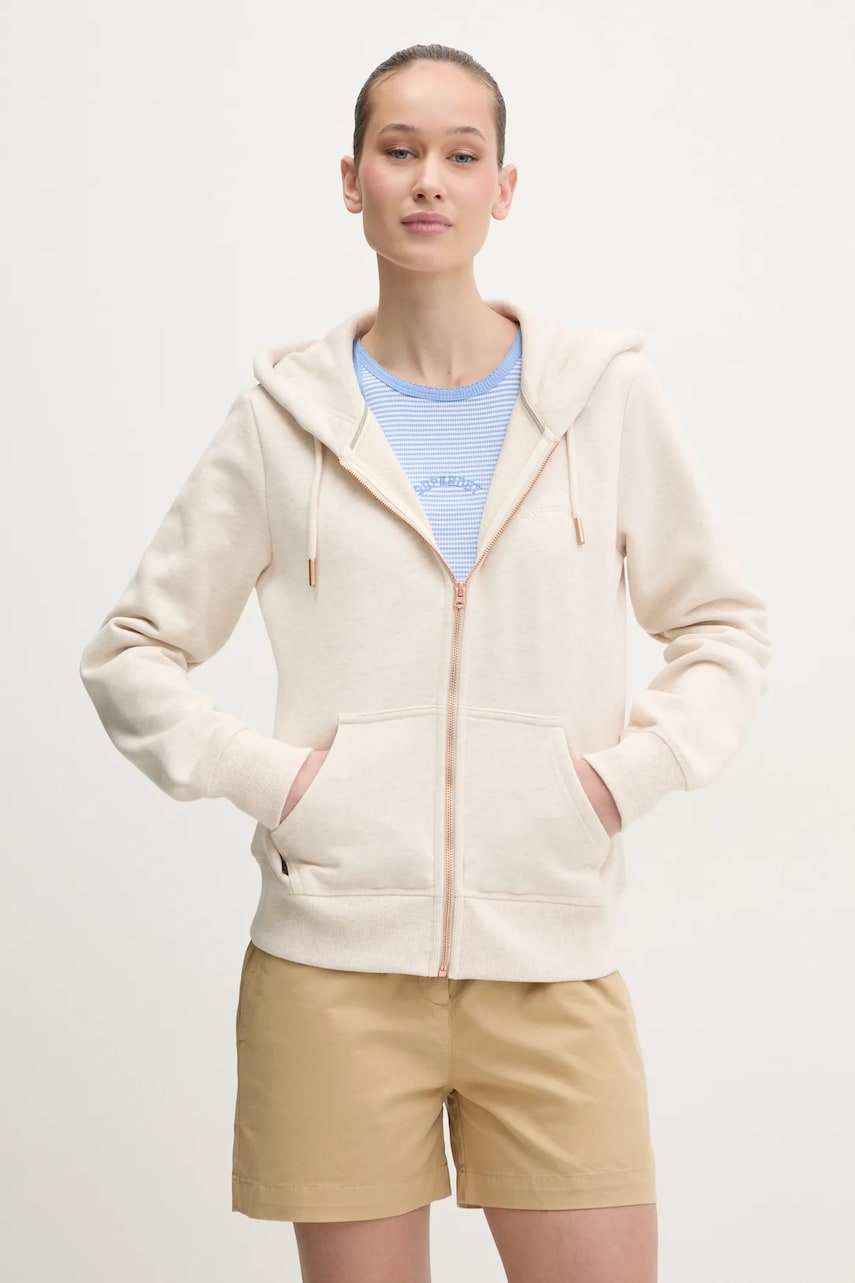 Superdry bluza femei, culoarea bej, cu glugă, neted, W2012422A-9VP Superdry bluza femei, culoarea bej, cu glugă, neted, W2012422A-9VP