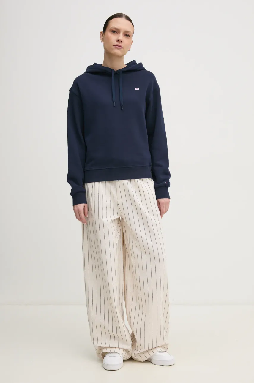 Хлопковая кофта Tommy Hilfiger женская цвет синий с капюшоном однотонная WW0WW45979 Хлопковая кофта Tommy Hilfiger женская цвет синий с капюшоном однотонная WW0WW45979
