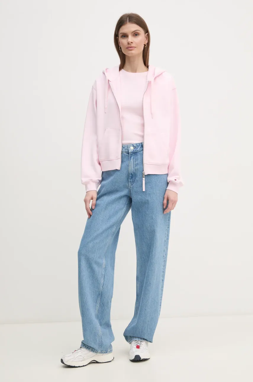 Хлопковая кофта Tommy Hilfiger женская цвет розовый с капюшоном однотонная WW0WW44632 Хлопковая кофта Tommy Hilfiger женская цвет розовый с капюшоном однотонная WW0WW44632