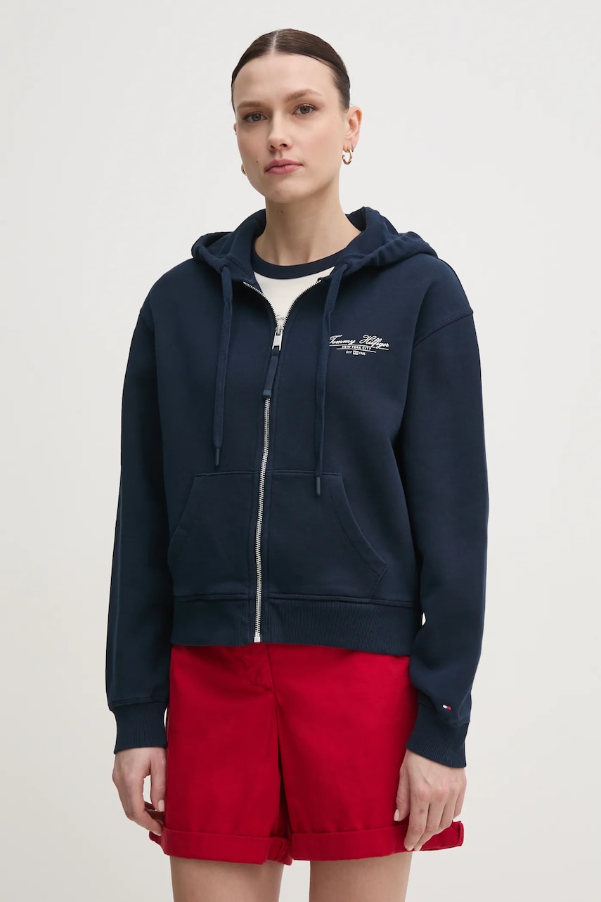 Levně Bavlněná mikina Tommy Hilfiger dámská, tmavomodrá barva, s kapucí, hladká, WW0WW44632