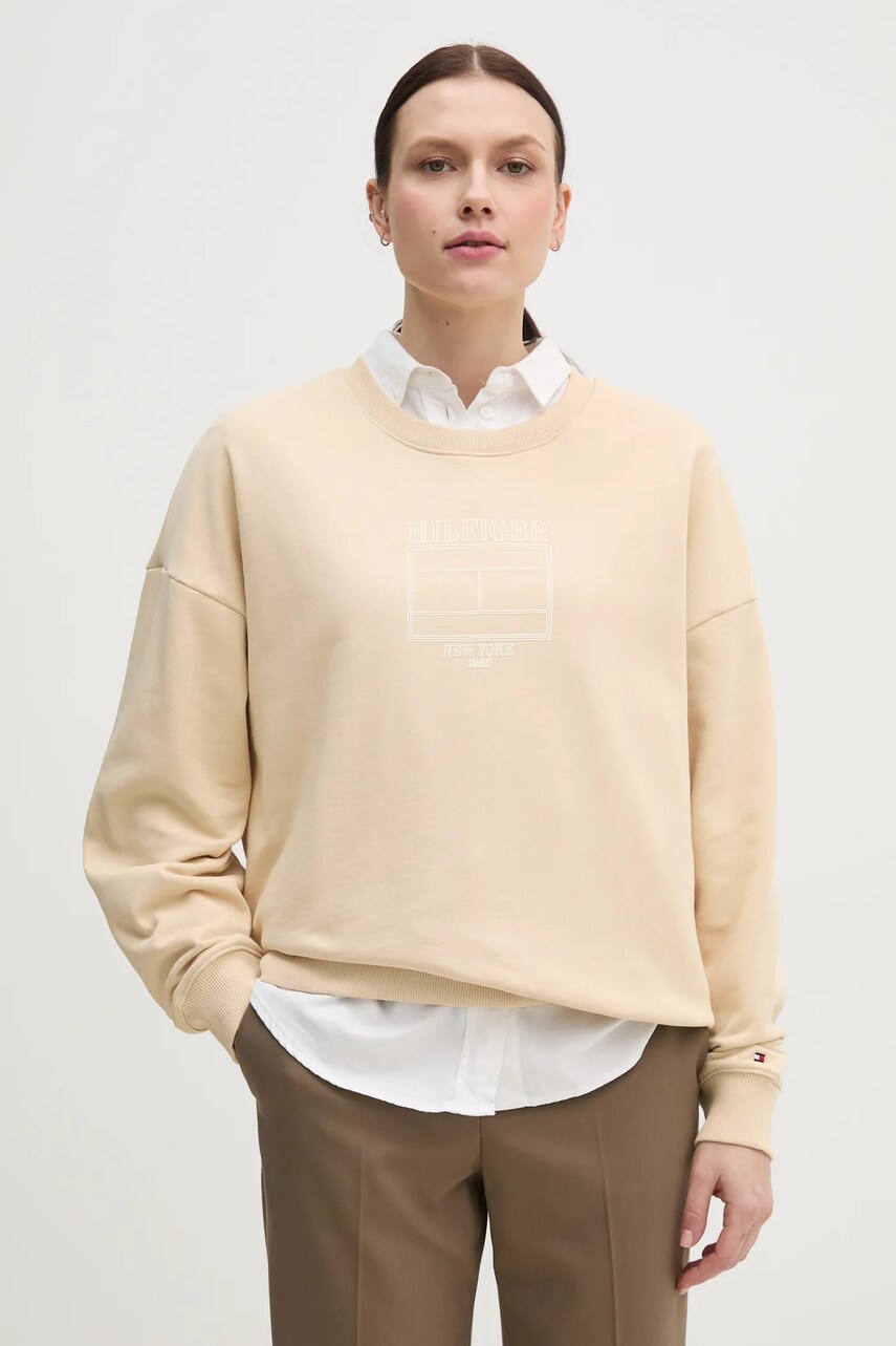 Levně Mikina Tommy Hilfiger dámská, béžová barva, s potiskem, WW0WW44633