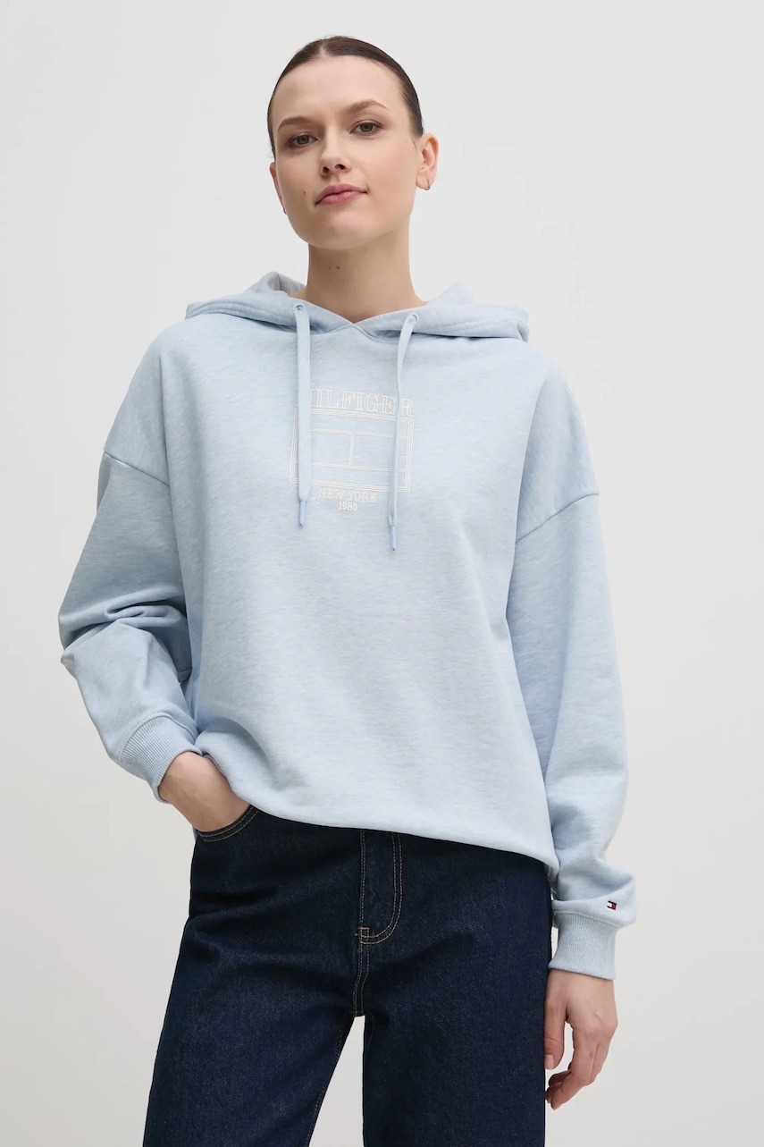 Mikina Tommy Hilfiger dámská, modrá barva, s kapucí, s potiskem, WW0WW45523