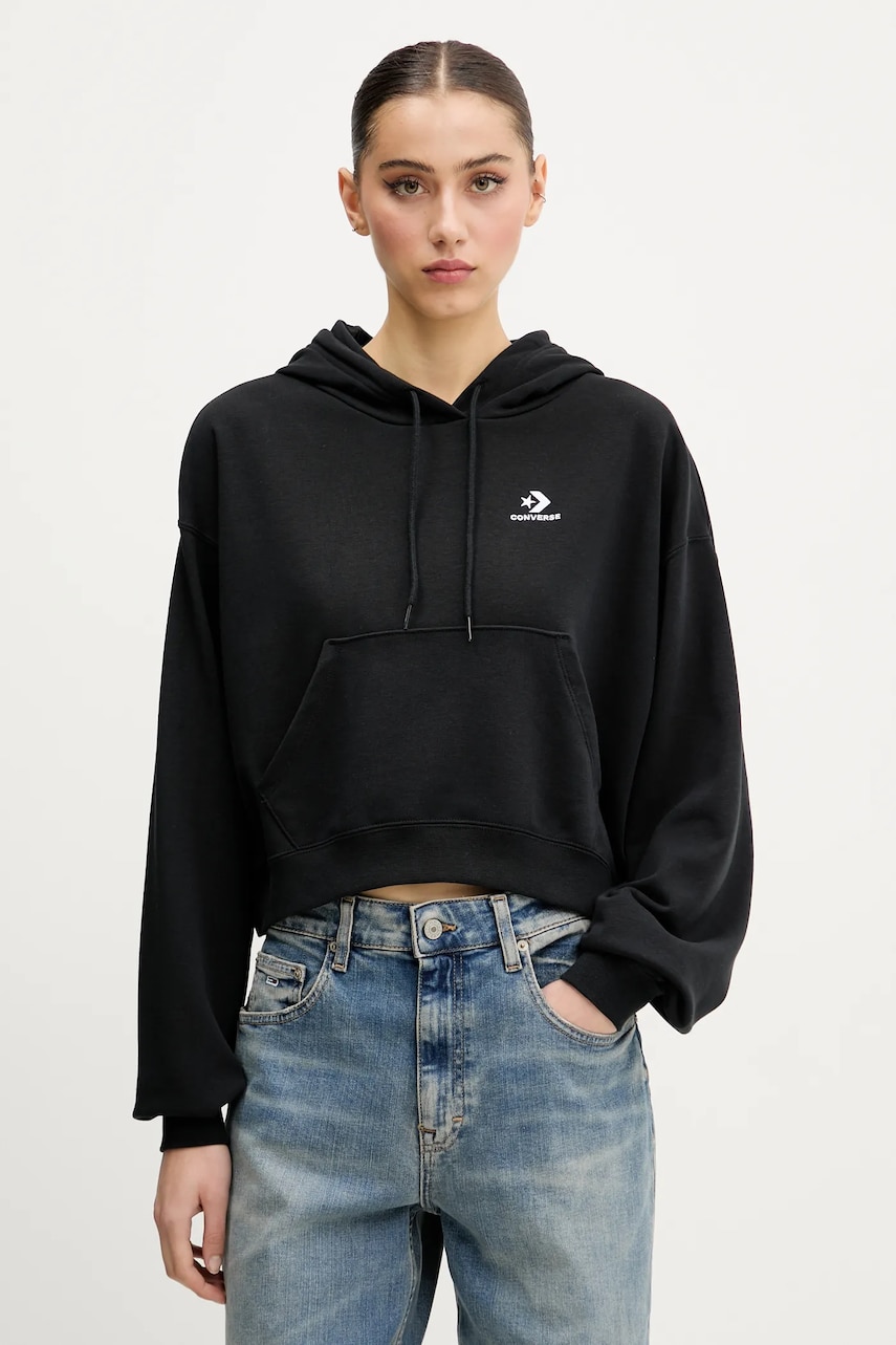 Converse bluză femei, culoarea negru, cu glugă, uni, 10027616-A01