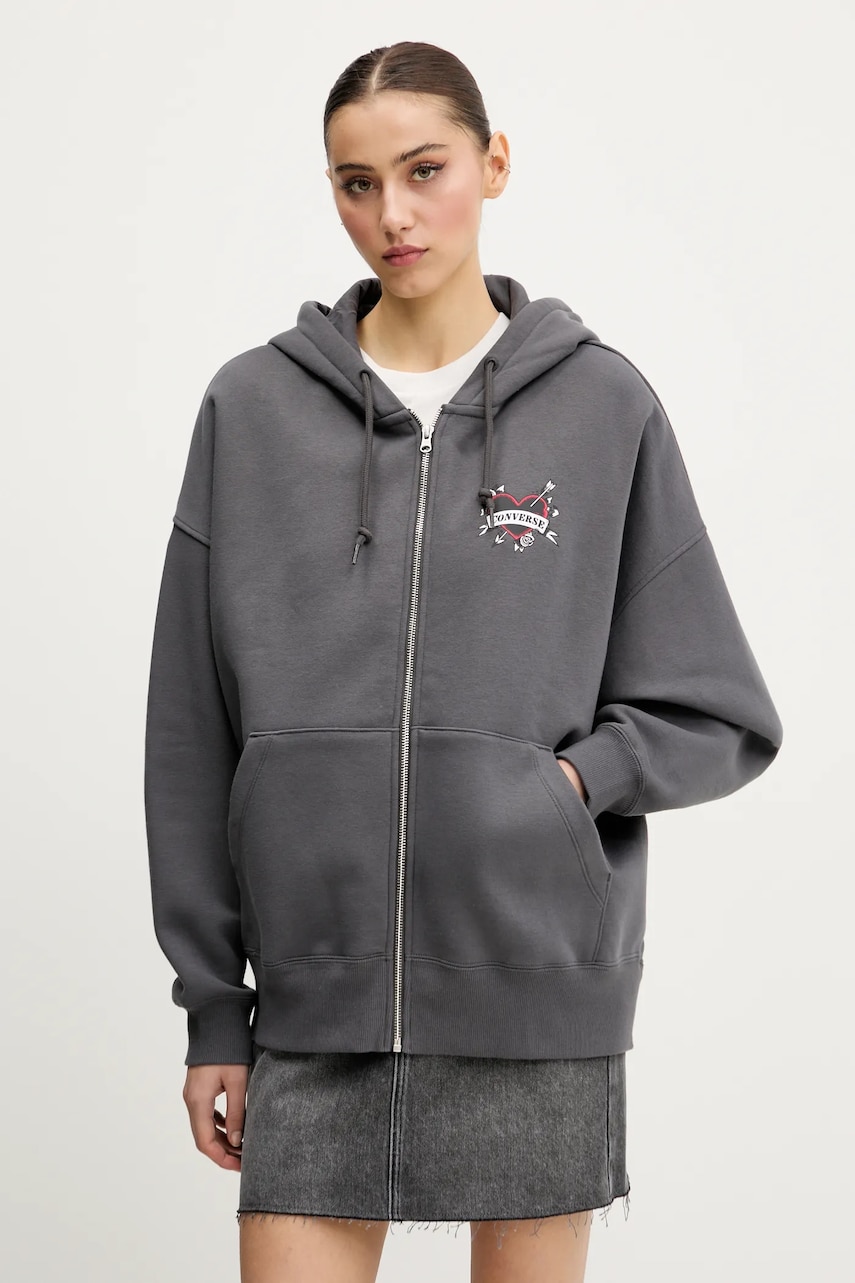 Converse bluză femei, culoarea gri, cu glugă, cu imprimeu, 10027617-A01 Converse bluză femei, culoarea gri, cu glugă, cu imprimeu, 10027617-A01