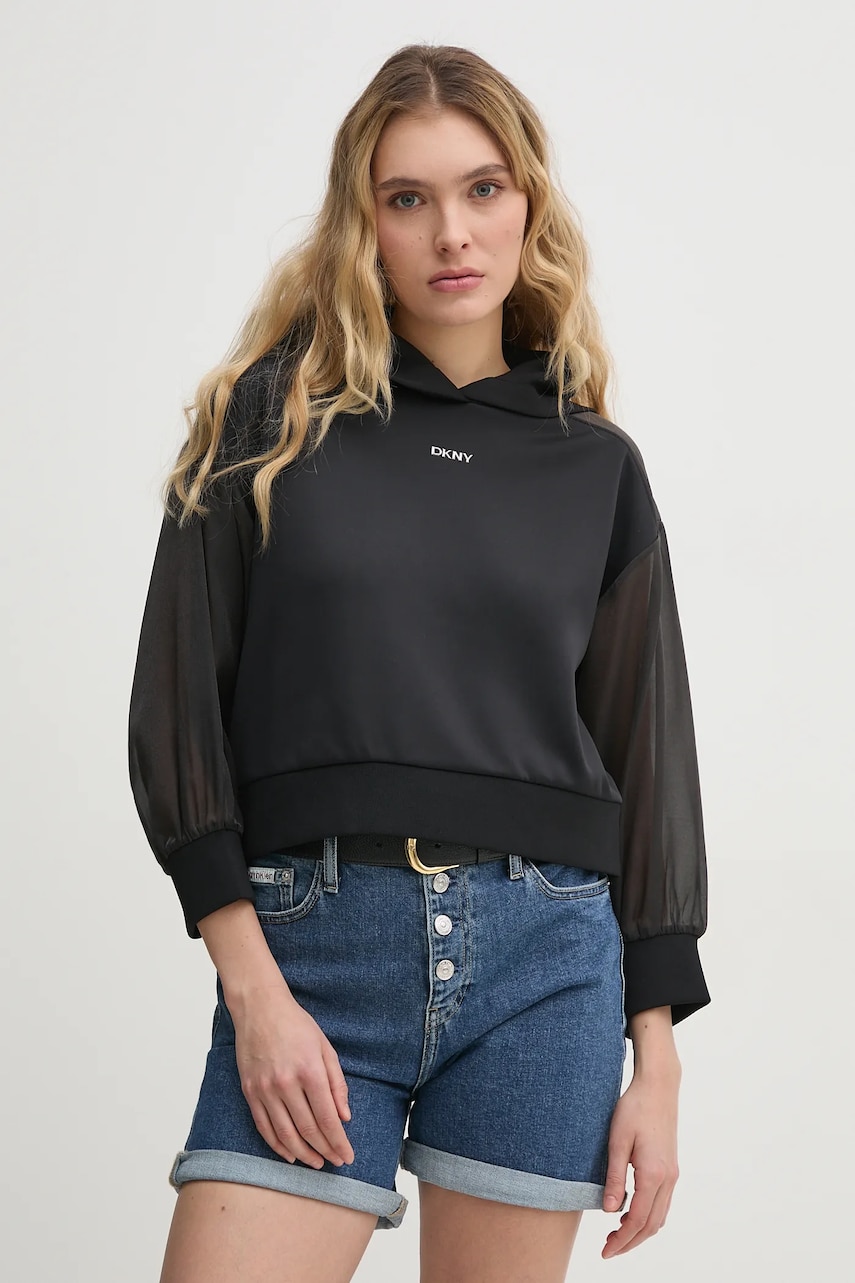 Dkny bluza femei, culoarea negru, cu glugă, cu imprimeu, P4BHSWSH Dkny bluza femei, culoarea negru, cu glugă, cu imprimeu, P4BHSWSH