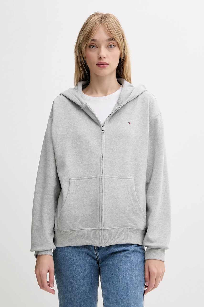 Levně Mikina Tommy Hilfiger dámská, šedá barva, s kapucí, hladká, UW0UW05772