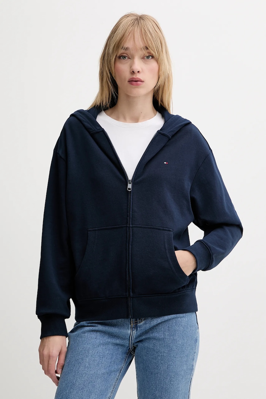 Levně Mikina Tommy Hilfiger dámská, tmavomodrá barva, s kapucí, hladká, UW0UW05772
