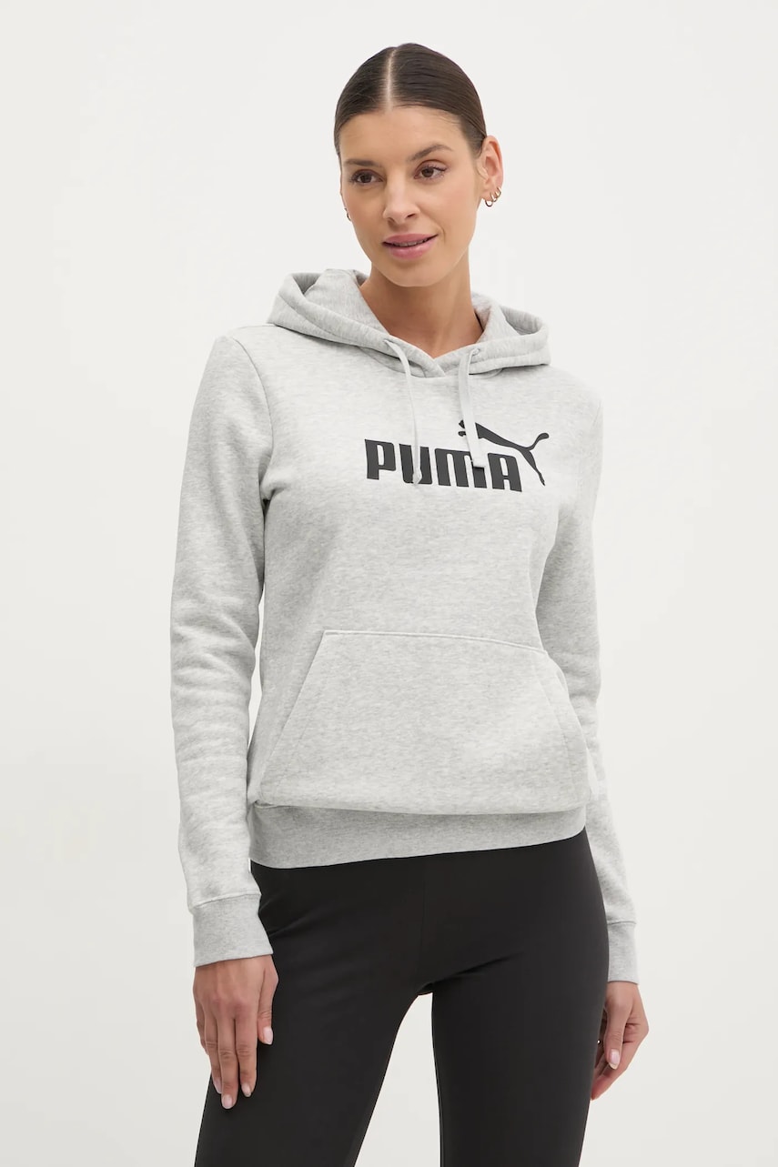 Puma bluza femei, culoarea gri, cu glugă, cu imprimeu, 682388 Puma bluza femei, culoarea gri, cu glugă, cu imprimeu, 682388