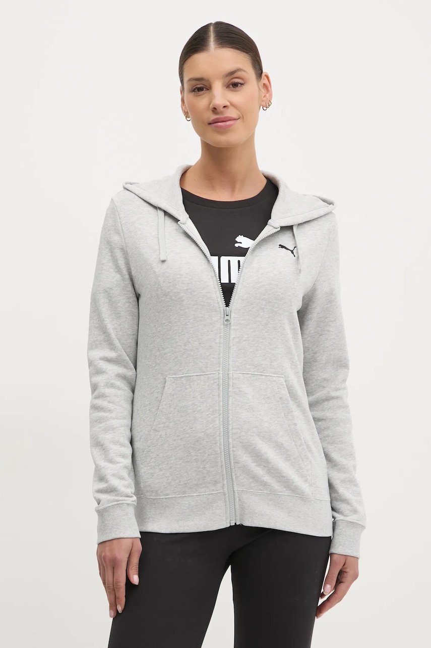 Puma bluza femei, culoarea gri, cu glugă, neted, 682406 Puma bluza femei, culoarea gri, cu glugă, neted, 682406