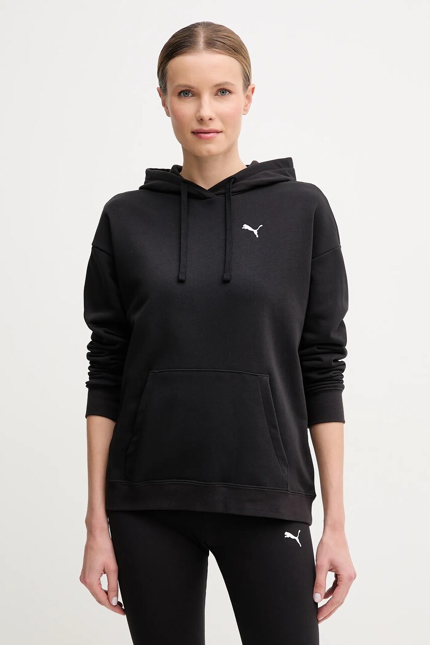 Puma bluza femei, culoarea negru, cu glugă, cu imprimeu, 684977