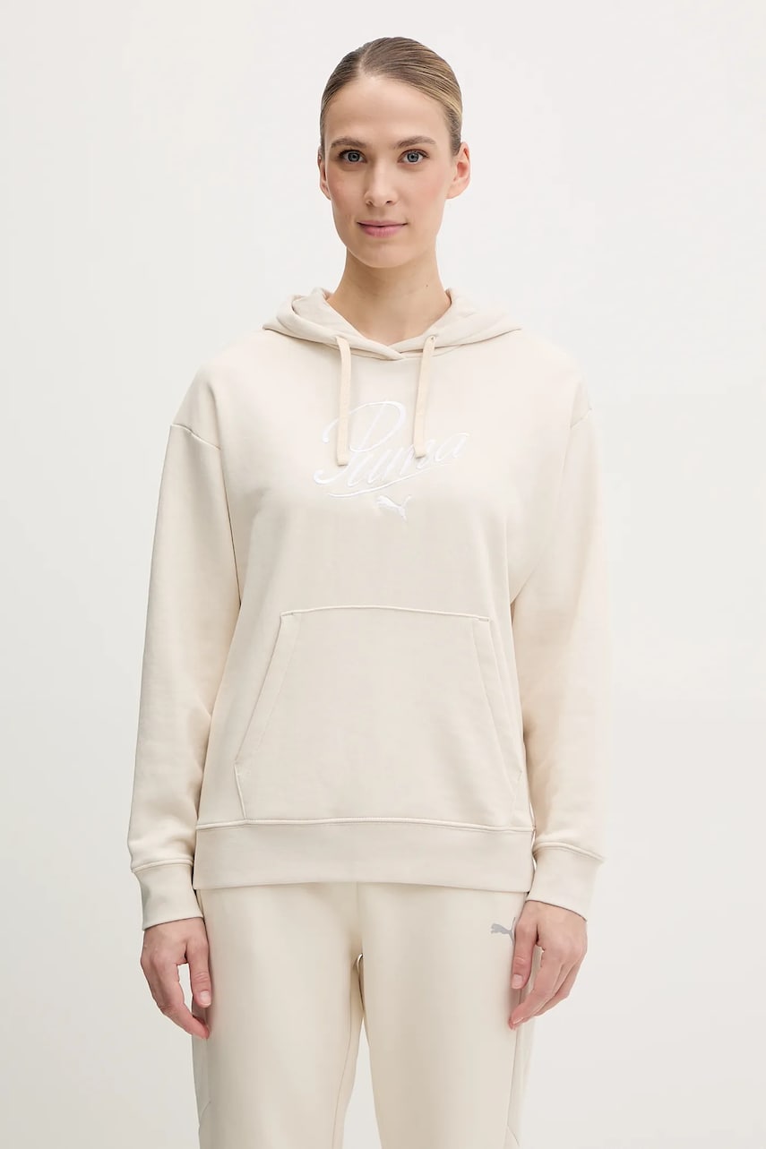 Puma bluza femei, culoarea bej, cu glugă, cu imprimeu, 684983 Puma bluza femei, culoarea bej, cu glugă, cu imprimeu, 684983