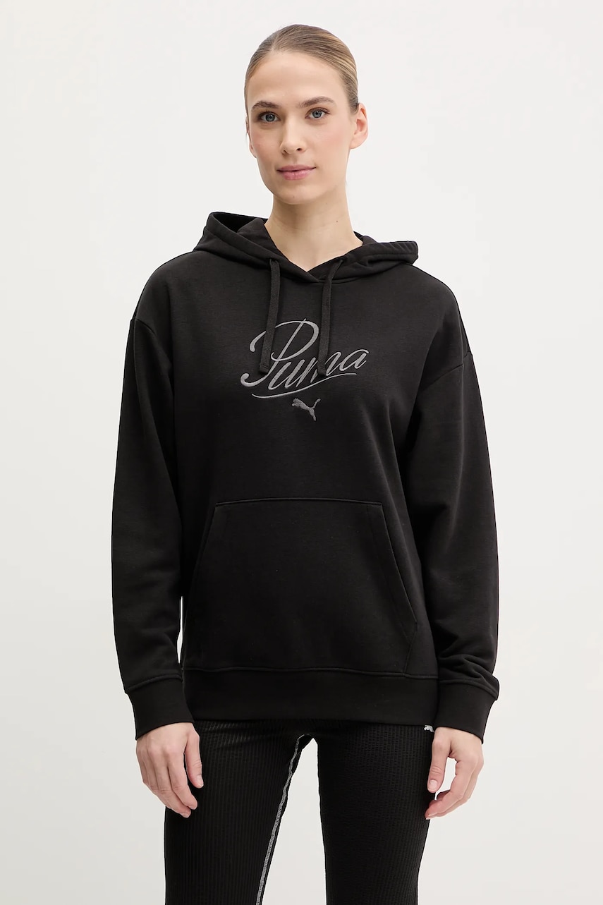 Puma bluza femei, culoarea negru, cu gluga, cu imprimeu, 684983