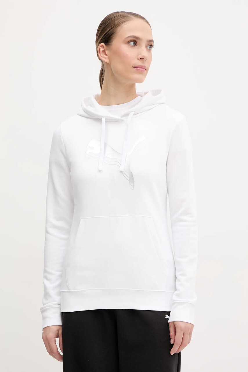 Puma bluza femei, culoarea alb, cu glugă, cu imprimeu, 684997
