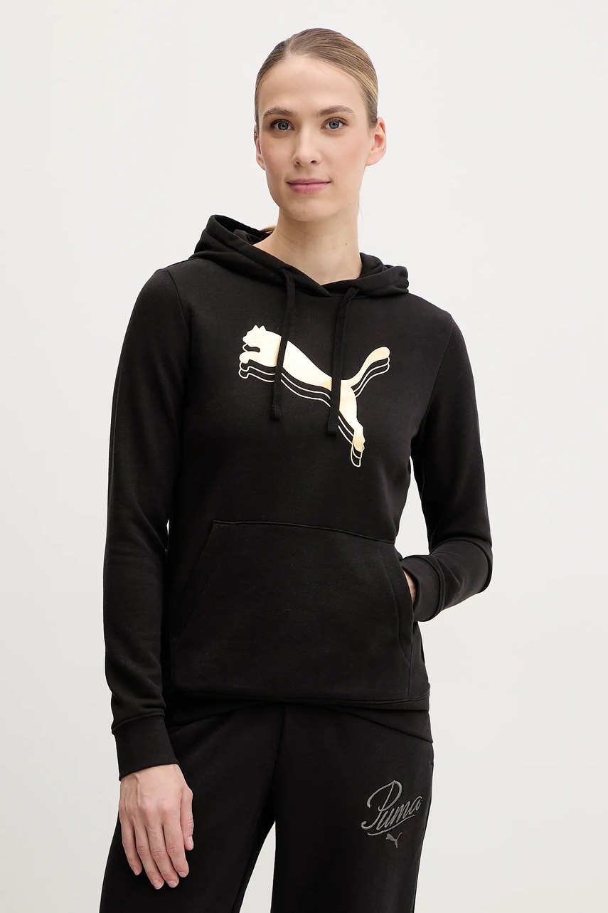 Puma bluza femei, culoarea negru, cu glugă, cu imprimeu, 684997