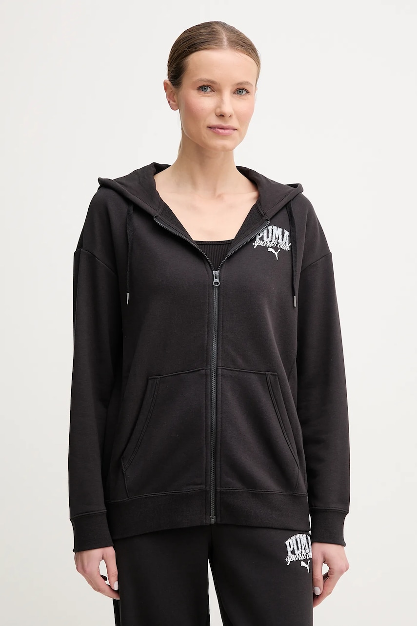 Puma bluză femei, culoarea negru, cu glugă, cu imprimeu, 685033
