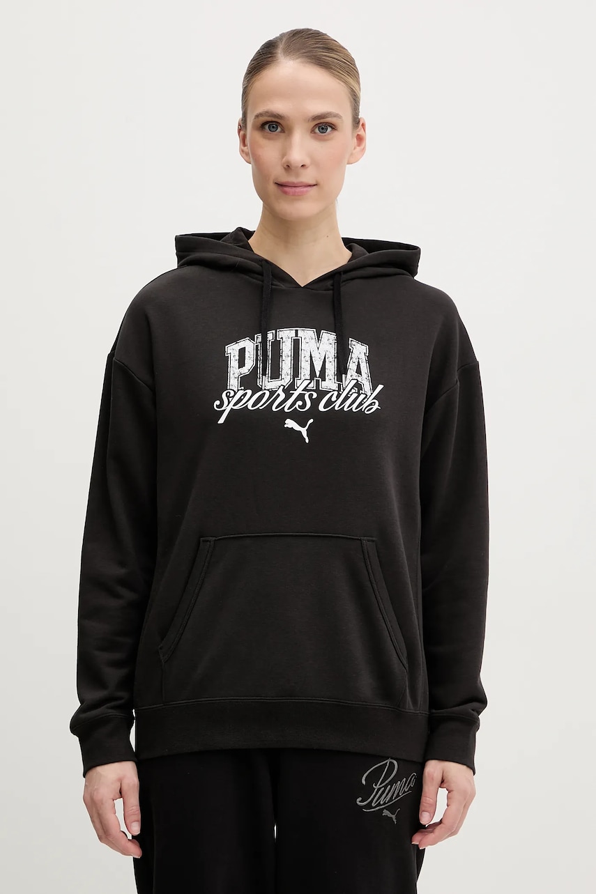 Puma bluza femei, culoarea negru, cu gluga, cu imprimeu, 685034
