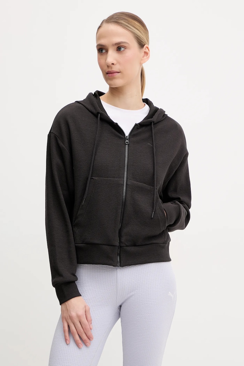Puma bluză femei, culoarea negru, cu glugă, uni, 685056 Puma bluză femei, culoarea negru, cu glugă, uni, 685056