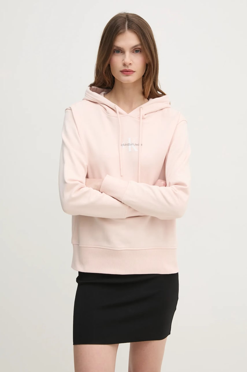 Levně Mikina Calvin Klein Jeans dámská, růžová barva, s kapucí, hladká, J20J225358
