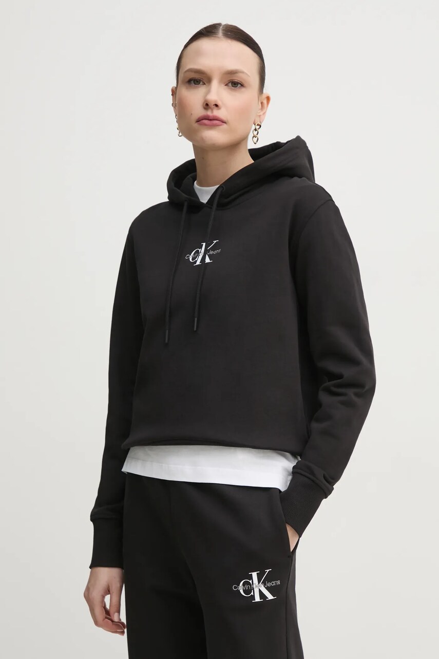 Levně Mikina Calvin Klein Jeans dámská, černá barva, s kapucí, hladká, J20J225358