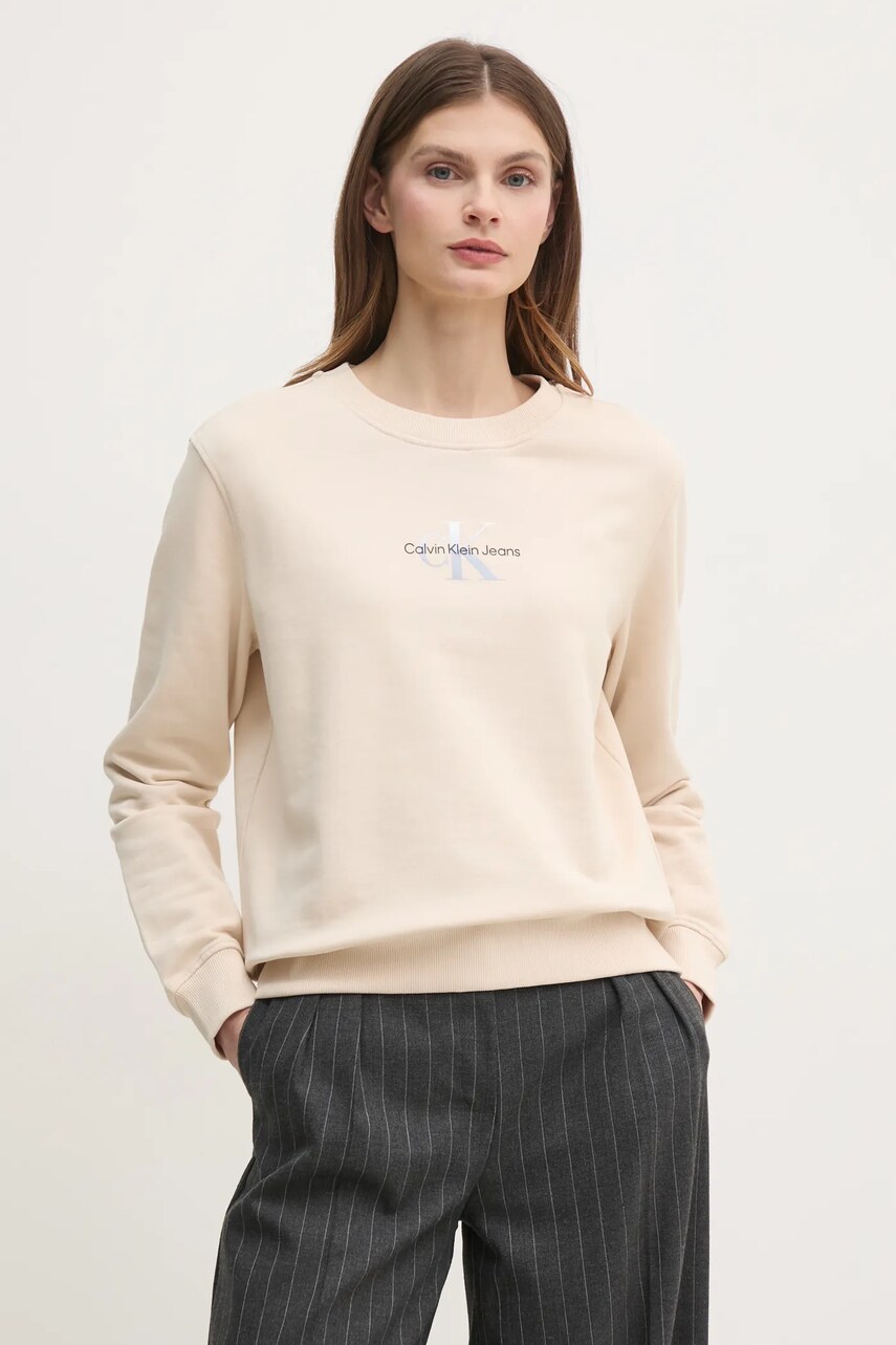 Levně Bavlněná mikina Calvin Klein Jeans dámská, béžová barva, s potiskem, J20J225360