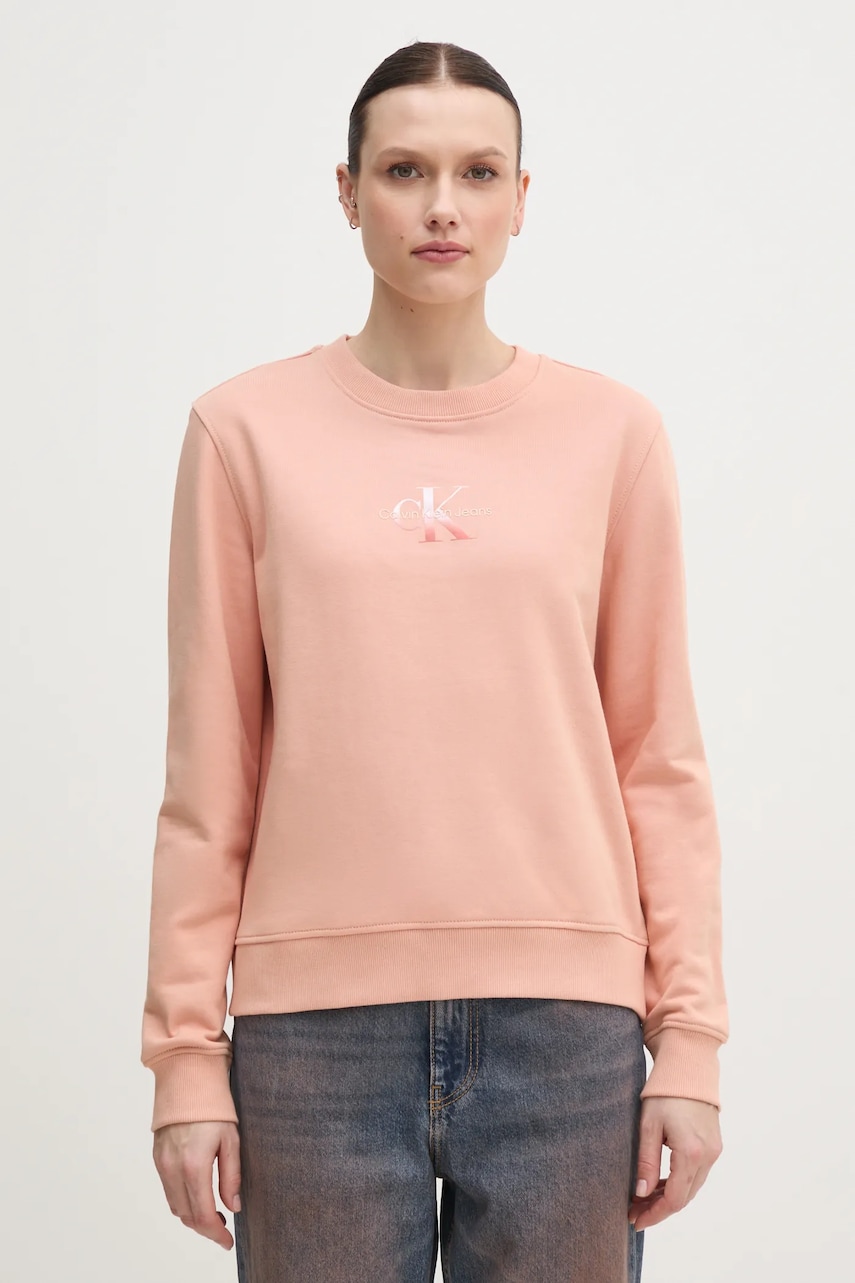 Levně Bavlněná mikina Calvin Klein Jeans dámská, oranžová barva, s potiskem, J20J225360
