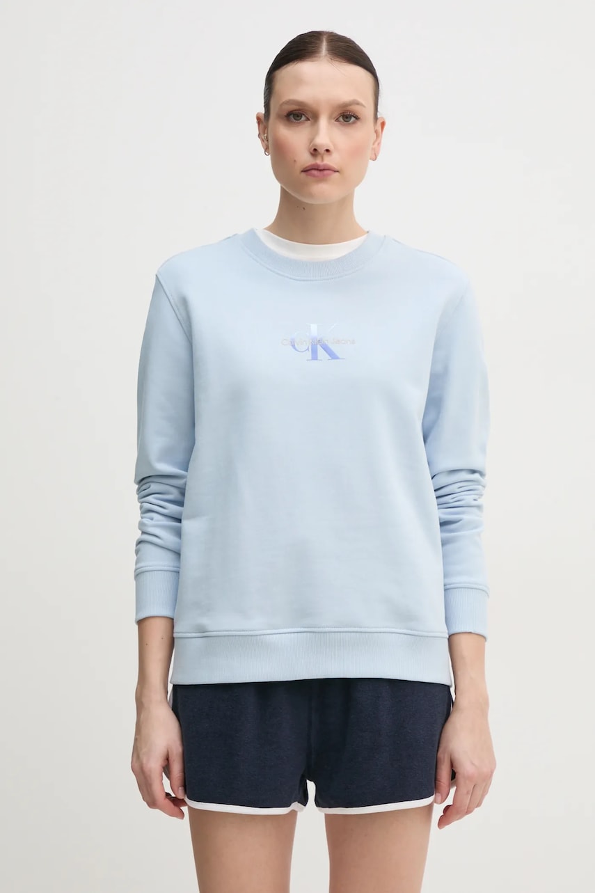 Levně Bavlněná mikina Calvin Klein Jeans dámská, modrá barva, s potiskem, J20J225360
