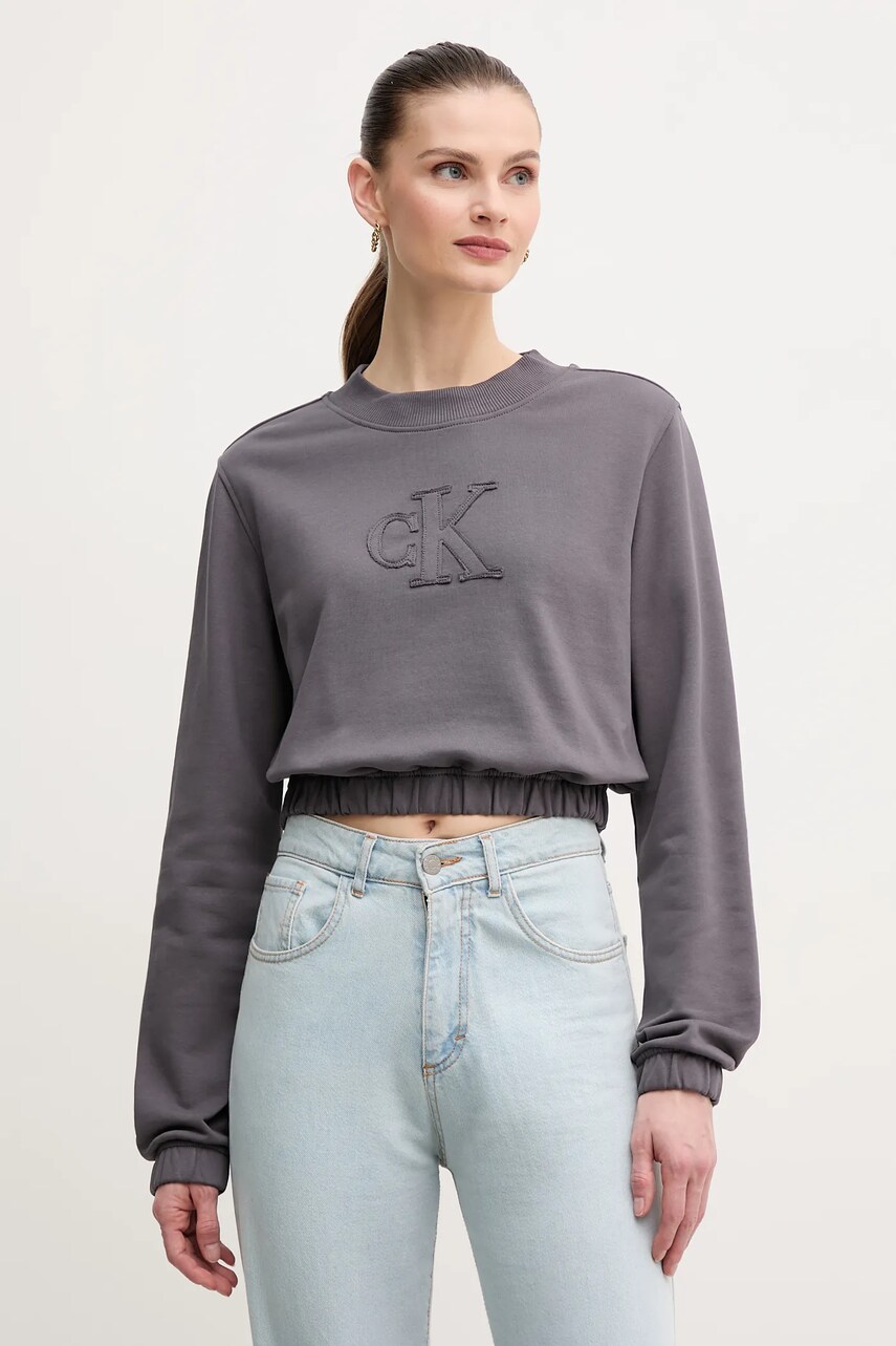 Levně Bavlněná mikina Calvin Klein Jeans dámská, šedá barva, s aplikací, J20J225363