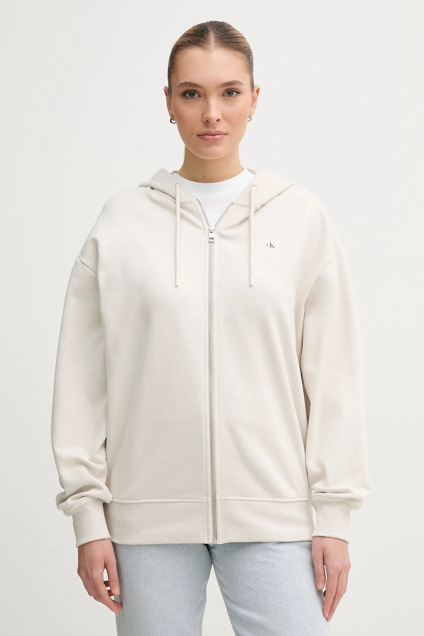 Bavlněná mikina Calvin Klein Jeans dámská, béžová barva, s kapucí, hladká, J20J225367