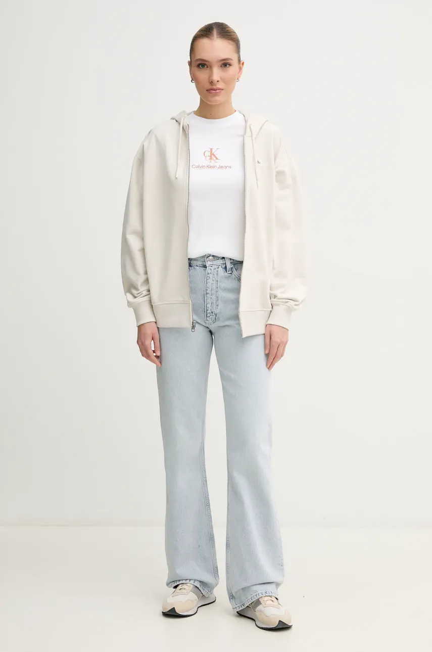 Хлопковая кофта Calvin Klein Jeans женская цвет бежевый с капюшоном однотонная J20J225367 Хлопковая кофта Calvin Klein Jeans женская цвет бежевый с капюшоном однотонная J20J225367
