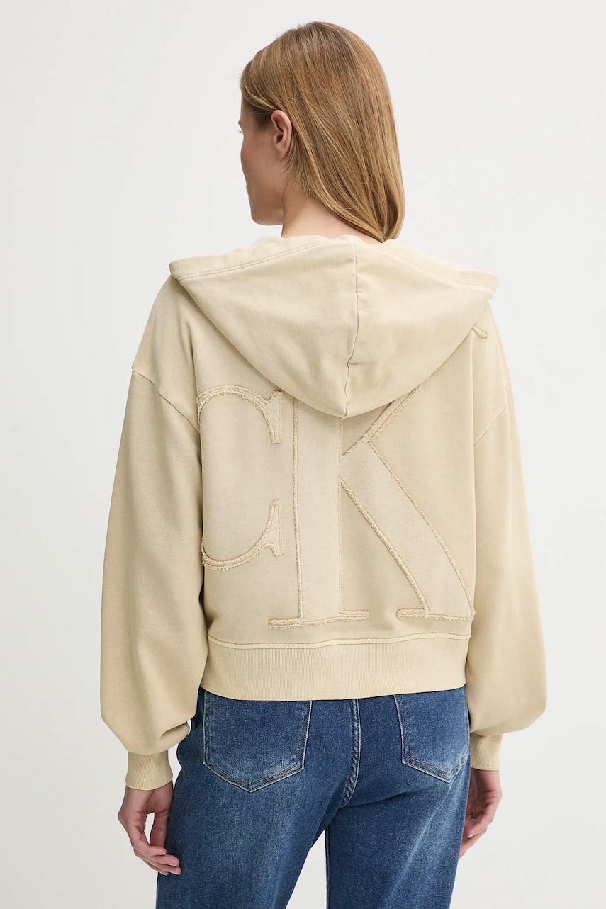 Levně Bavlněná mikina Calvin Klein Jeans dámská, béžová barva, s kapucí, s aplikací, J20J225523