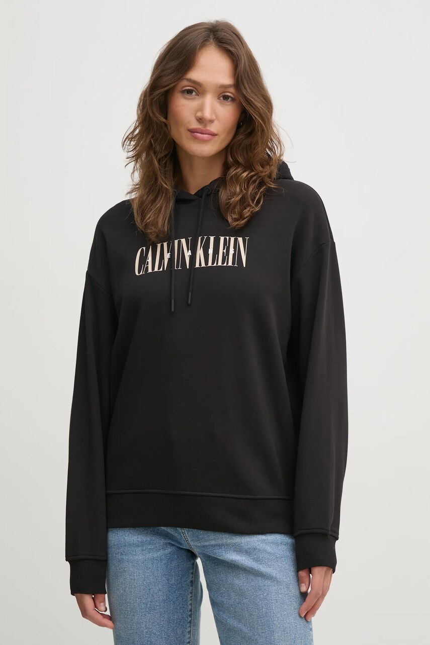 Levně Bavlněná mikina Calvin Klein Jeans dámská, černá barva, s kapucí, s potiskem, J20J225579