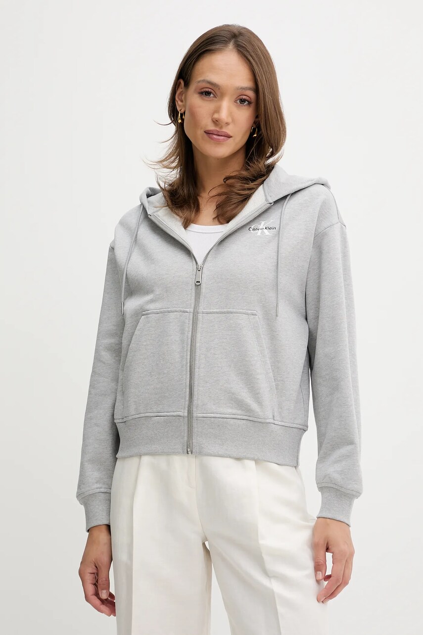 Levně Mikina Calvin Klein Jeans dámská, šedá barva, s kapucí, s potiskem, LV047B270G