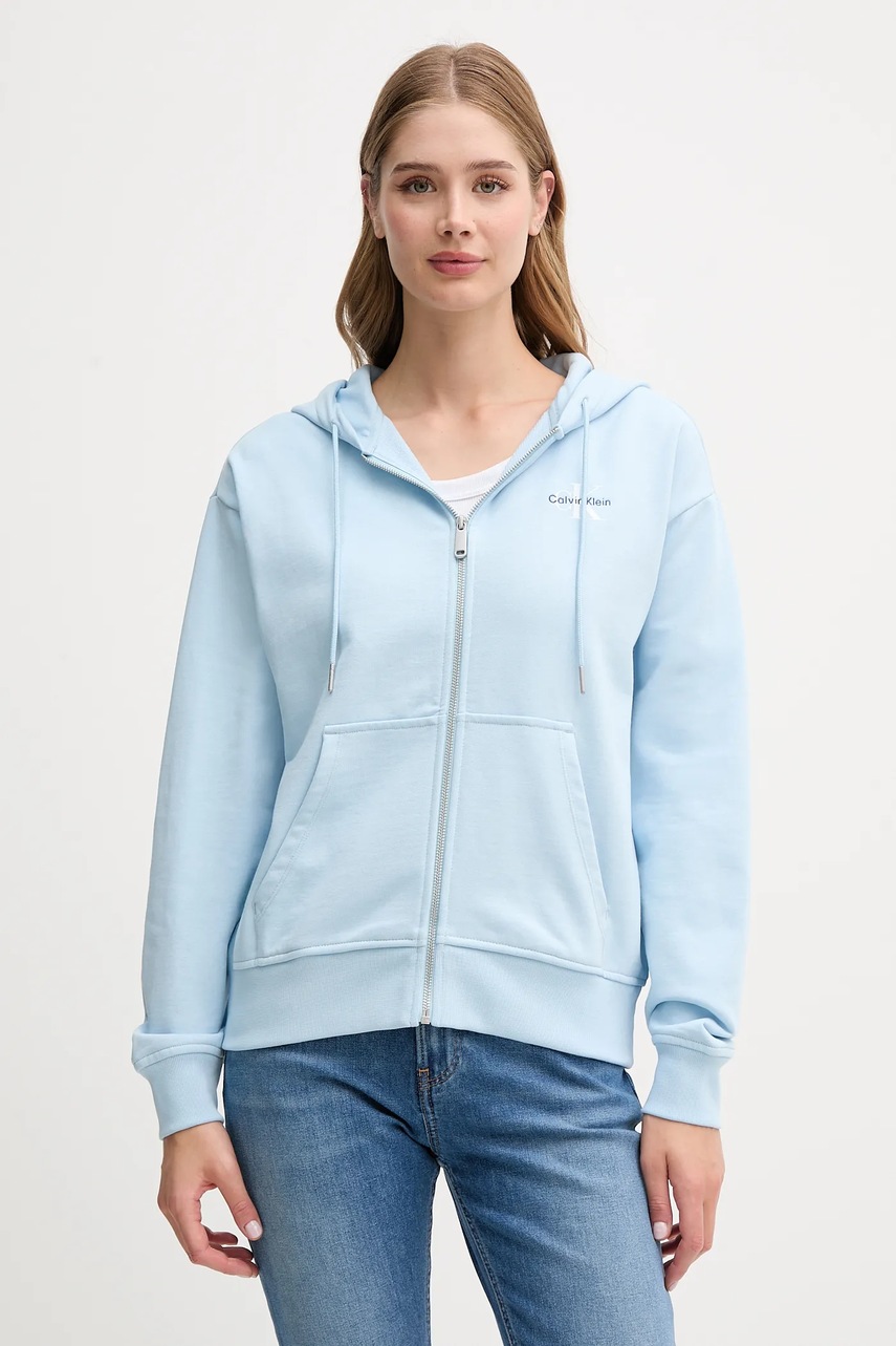 Levně Mikina Calvin Klein Jeans dámská, modrá barva, s kapucí, s potiskem, LV047B270G