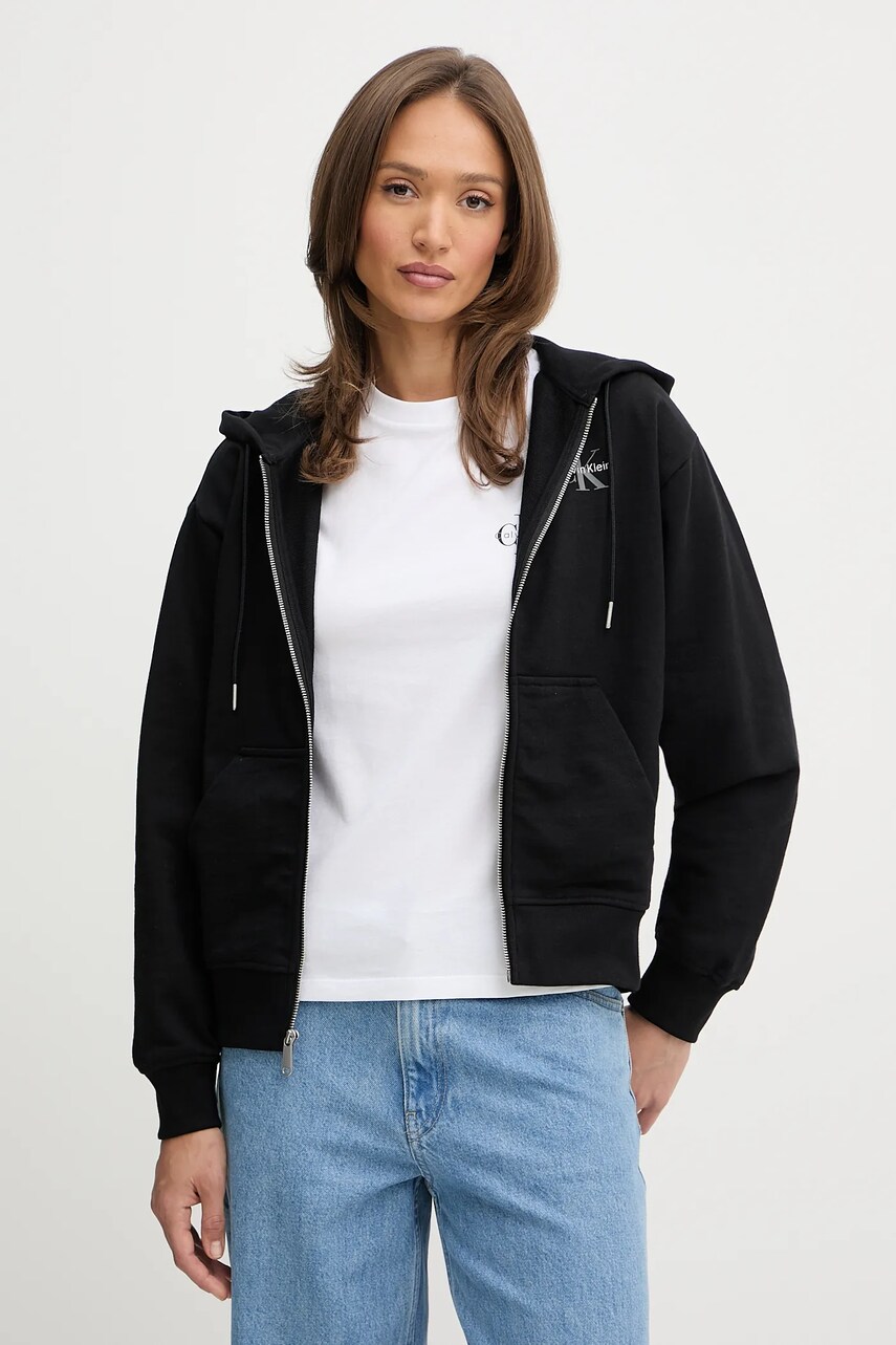 Levně Mikina Calvin Klein Jeans dámská, černá barva, s kapucí, s potiskem, LV047B270G