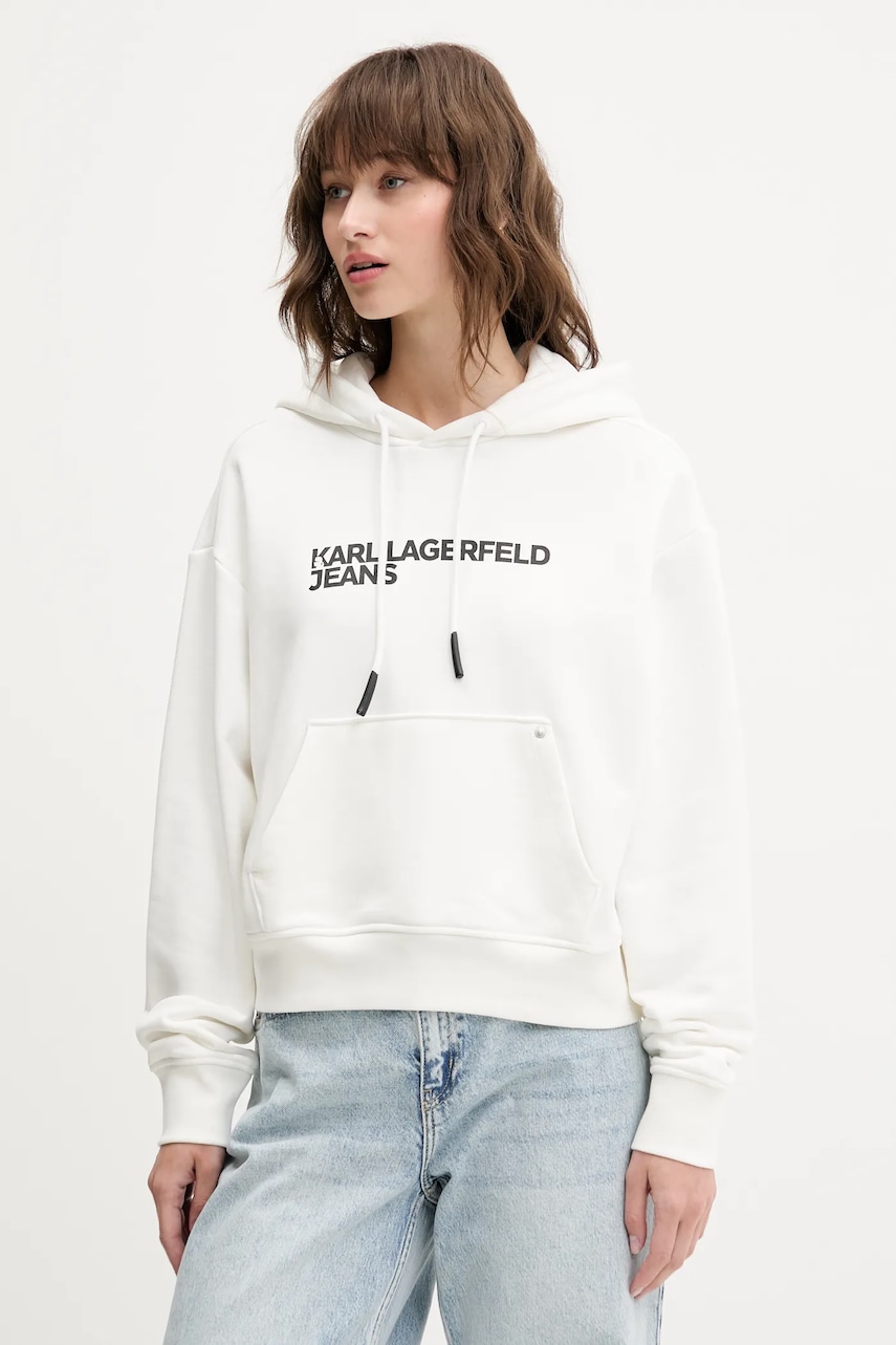 Karl Lagerfeld Jeans bluza femei, culoarea alb, cu glugă, cu imprimeu, A2W20053