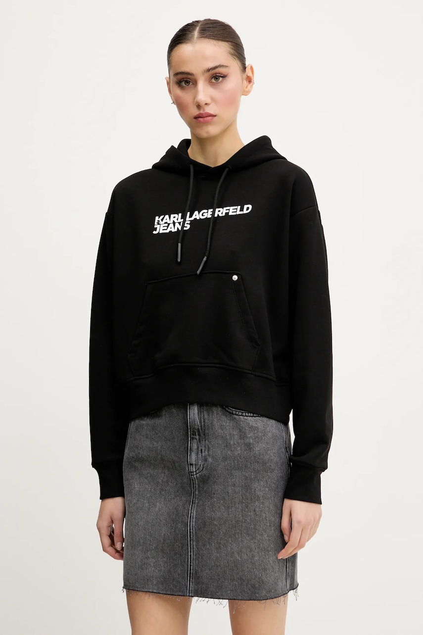 Karl Lagerfeld Jeans bluza femei, culoarea negru, cu glugă, cu imprimeu, A2W20053