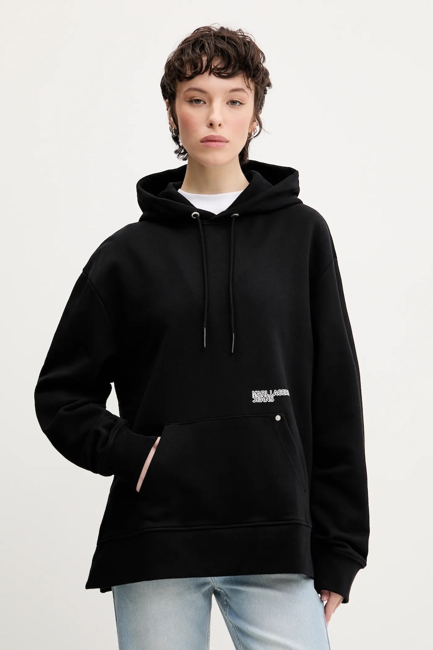 Karl Lagerfeld Jeans hanorac de bumbac femei, culoarea negru, cu glugă, uni, A2W20078