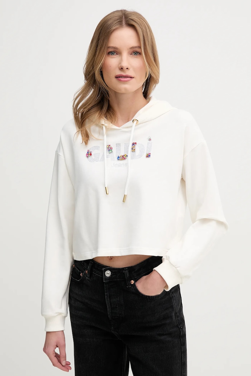 Gaudi bluza femei, culoarea bej, cu glugă, cu imprimeu, 511BD64033