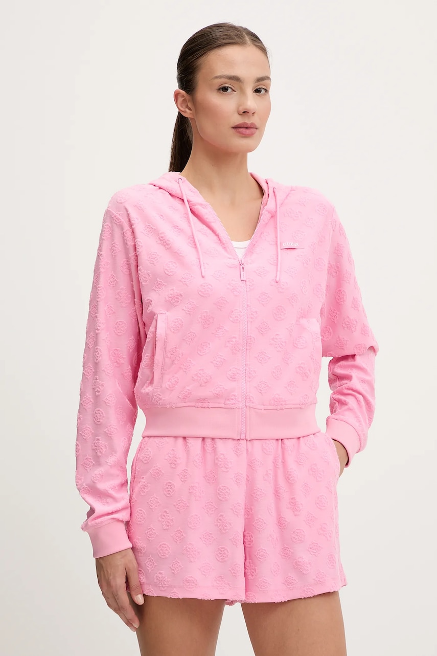 Levně Mikina Guess PEONY dámská, růžová barva, s kapucí, vzorovaná, V5GQ00 KCT02