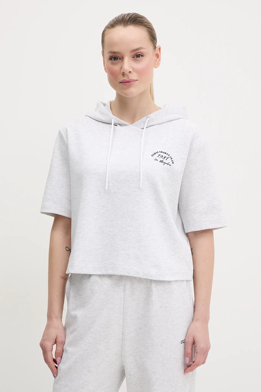 Levně Mikina Guess NIGELLA dámská, šedá barva, s kapucí, melanžová, V5GQ05 KCS01