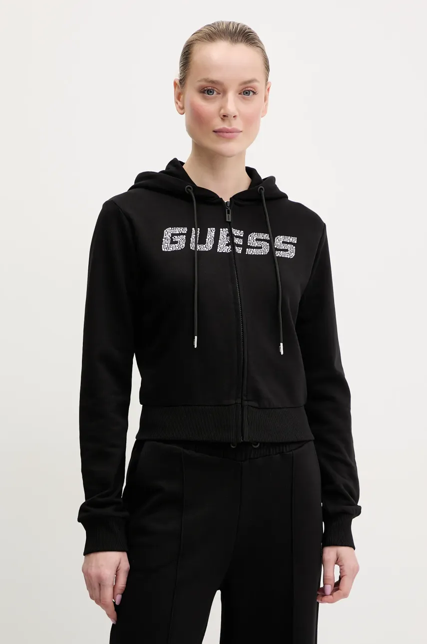 Bavlněná mikina Guess PRIMULA dámská, černá barva, s kapucí, s aplikací, V5GQ10 KCRP0