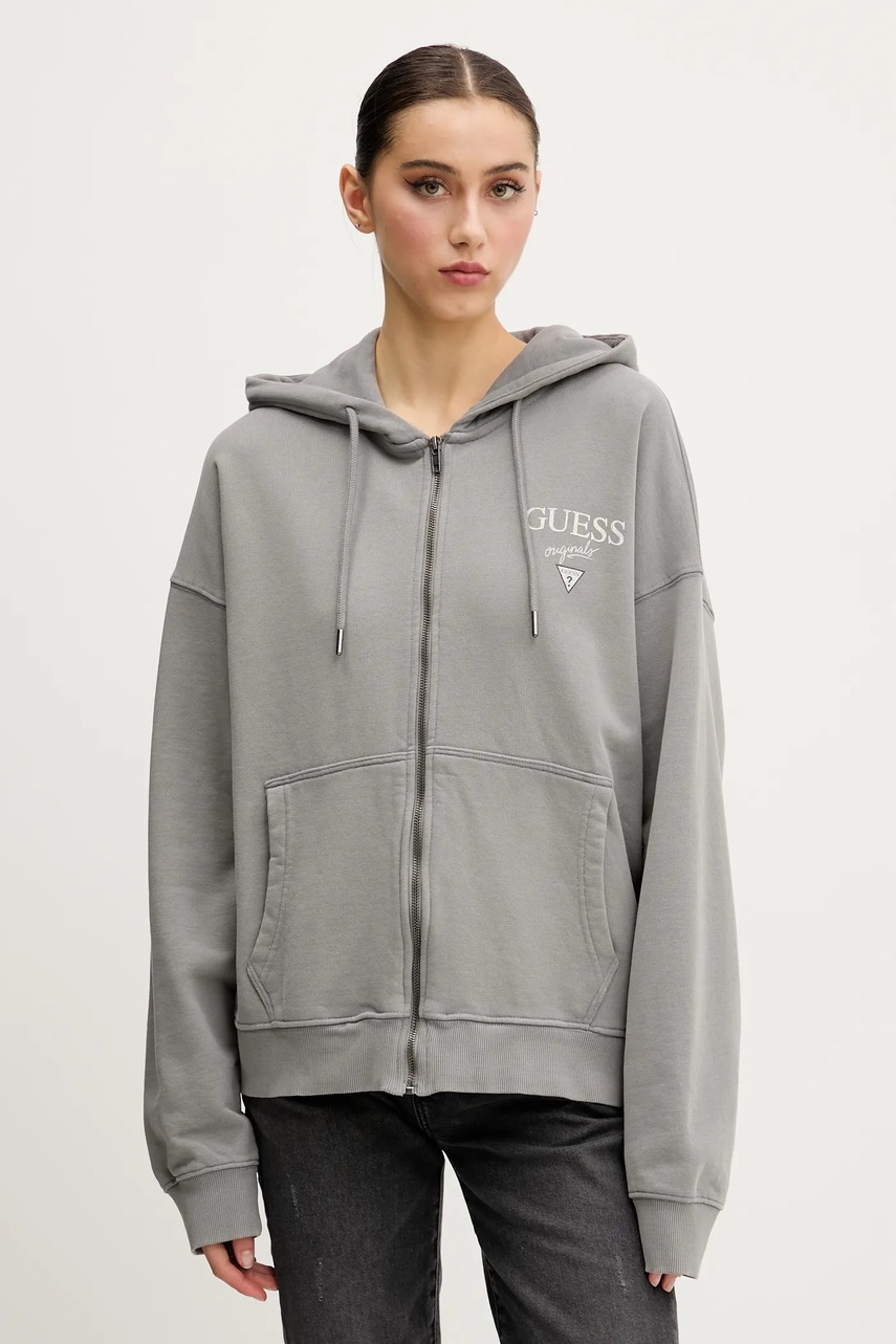 Levně Bavlněná mikina Guess Originals dámská, šedá barva, s kapucí, s potiskem, M5GQ34 KCPR1