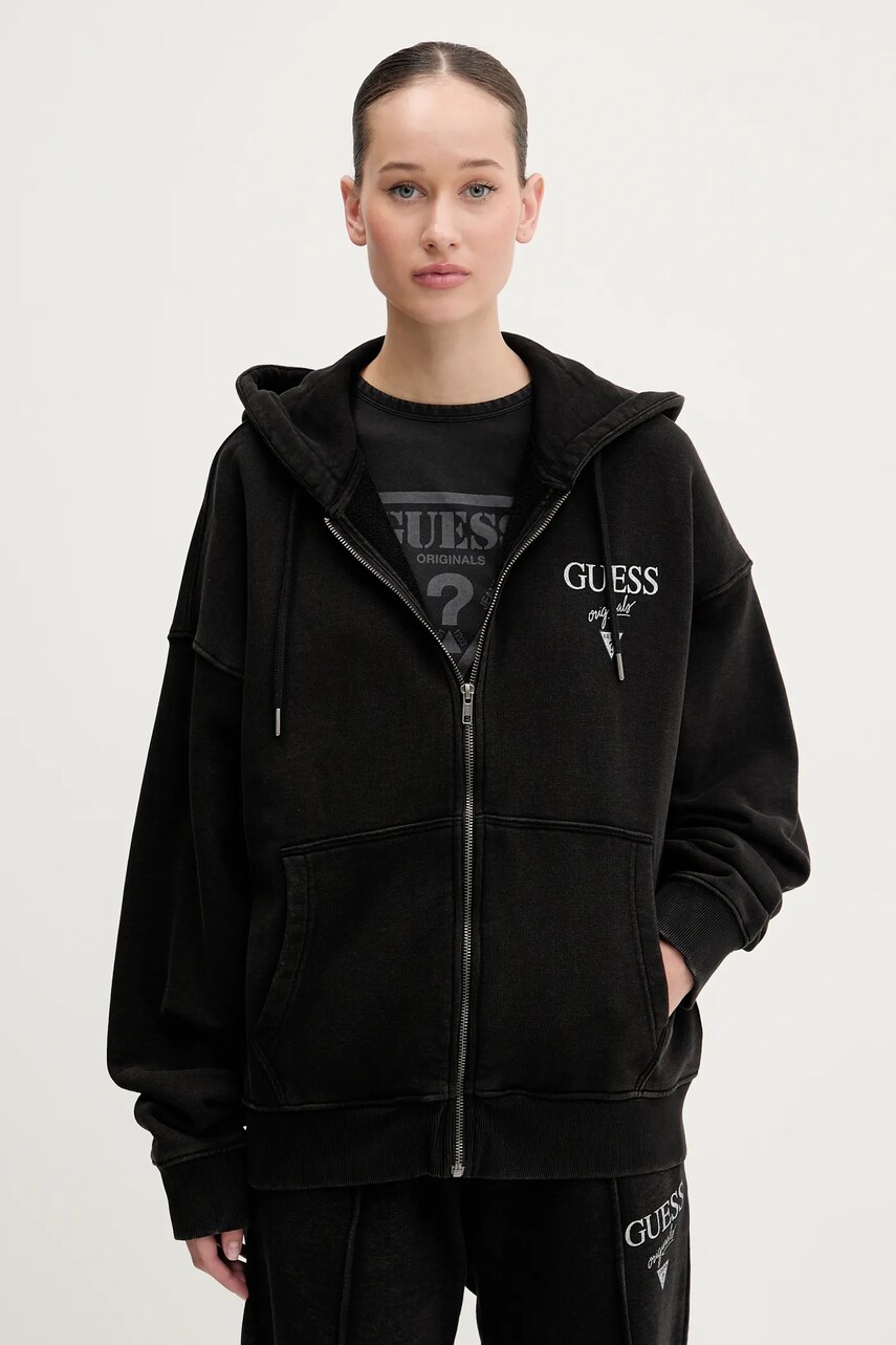 Levně Bavlněná mikina Guess Originals dámská, černá barva, s kapucí, s potiskem, M5GQ34 KCPR1