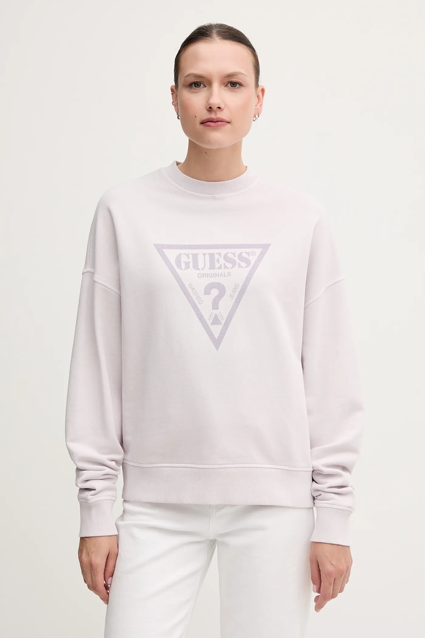 Levně Bavlněná mikina Guess Originals dámská, fialová barva, s potiskem, W5GQ03 K68I4