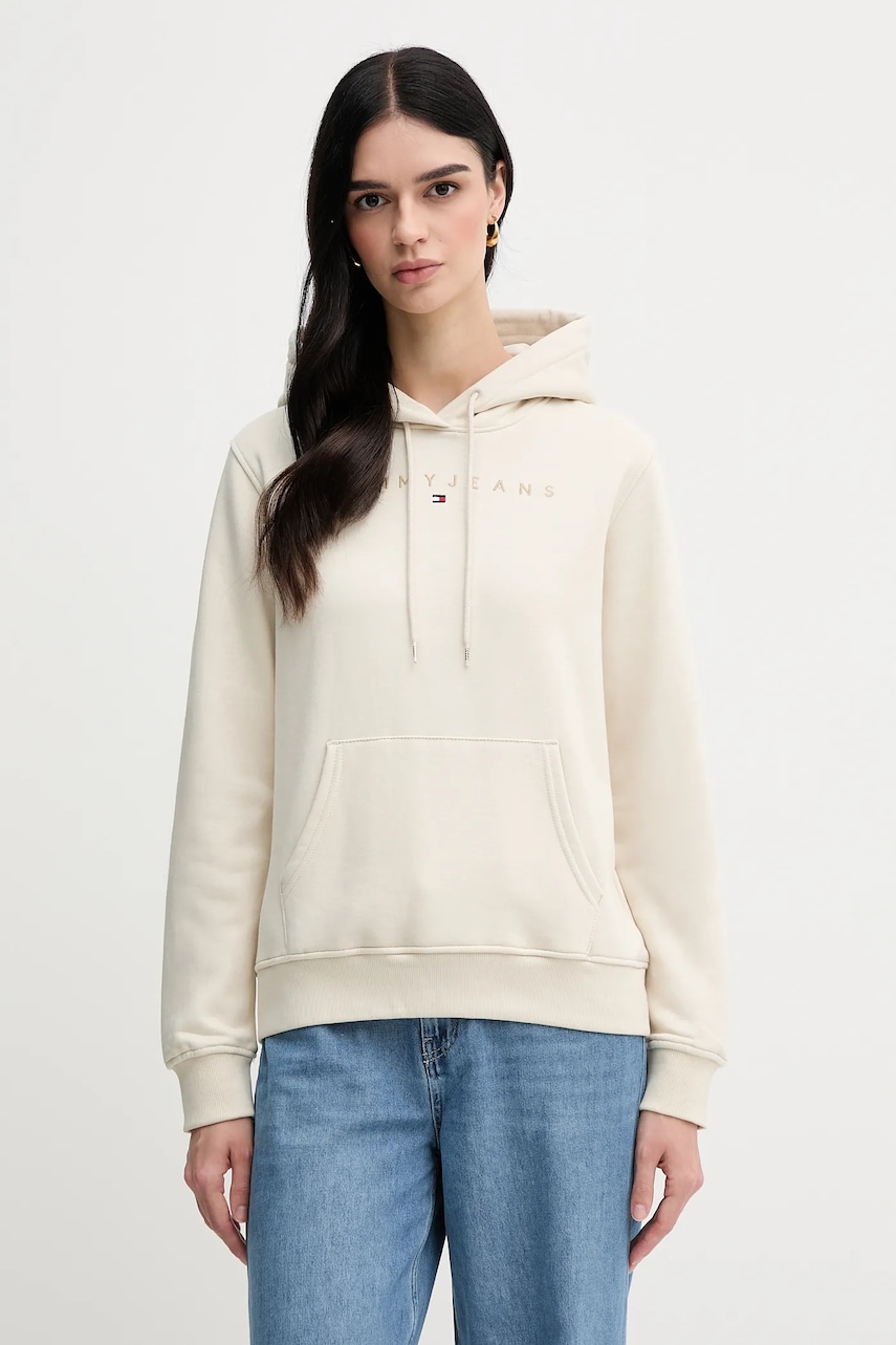 Tommy Jeans bluză culoarea bej, cu glugă, cu imprimeu, DW0DW20304