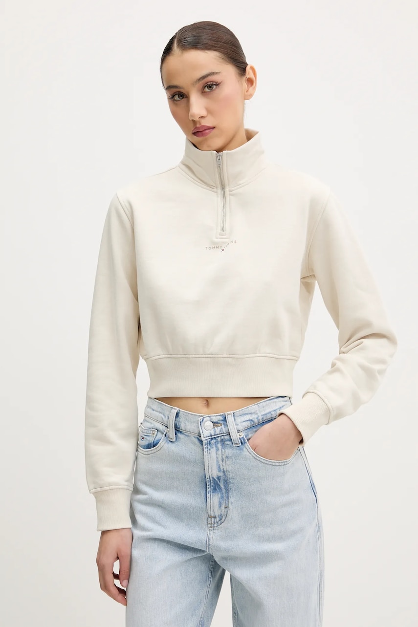 Levně Mikina Tommy Jeans dámská, béžová barva, hladká, DW0DW20305