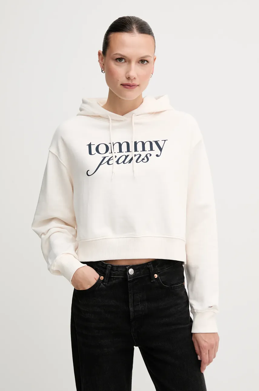 Levně Bavlněná mikina Tommy Jeans dámská, béžová barva, s kapucí, s potiskem, DW0DW20306