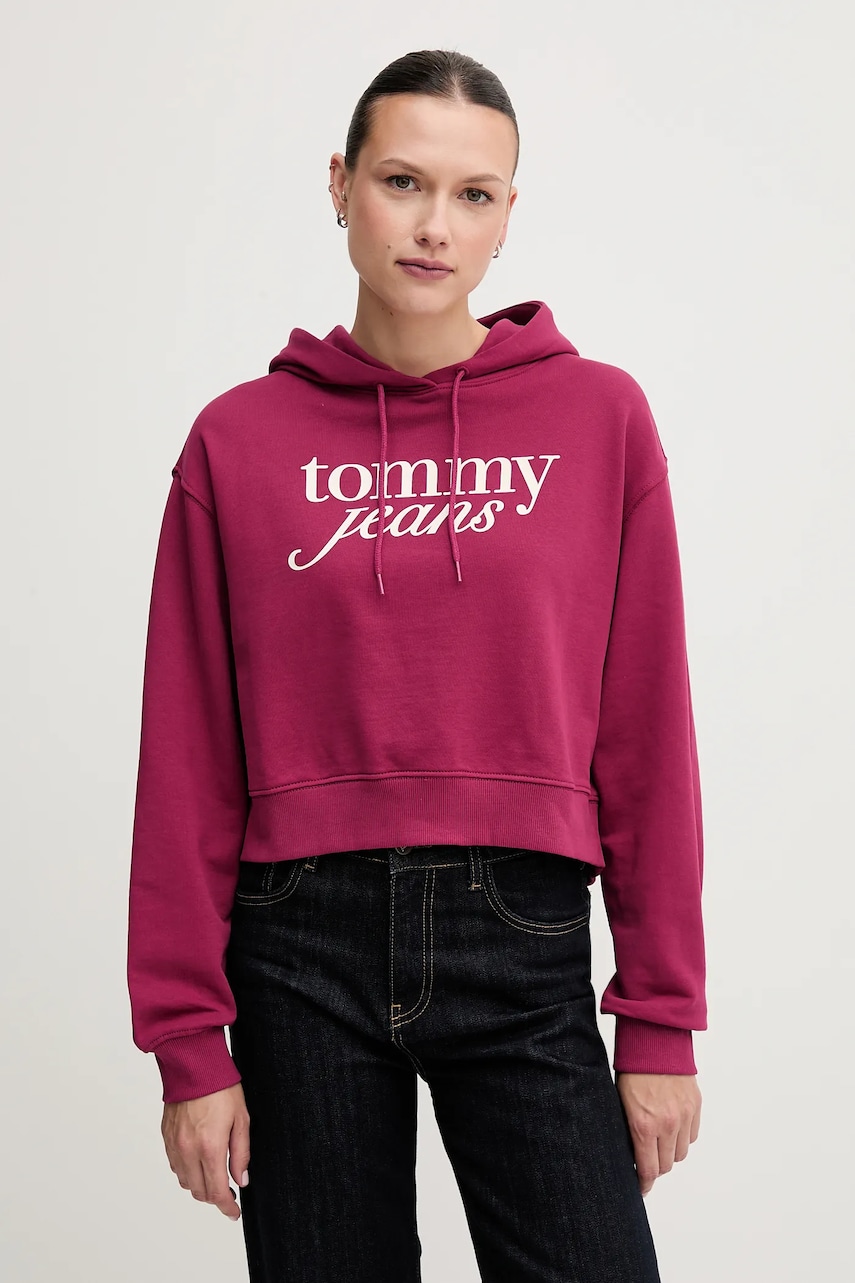 Tommy Jeans hanorac de bumbac culoarea roz, cu glugă, cu imprimeu, DW0DW20306 Tommy Jeans hanorac de bumbac culoarea roz, cu glugă, cu imprimeu, DW0DW20306
