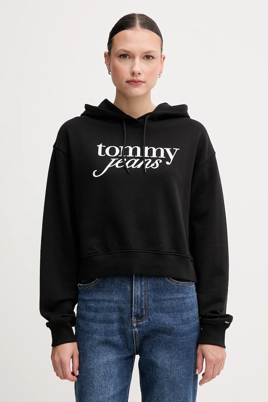 Tommy Jeans hanorac de bumbac culoarea negru, cu glugă, cu imprimeu, DW0DW20306 Tommy Jeans hanorac de bumbac culoarea negru, cu glugă, cu imprimeu, DW0DW20306