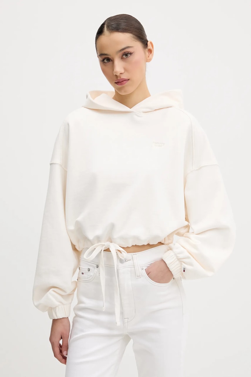 Tommy Jeans hanorac de bumbac culoarea bej, cu glugă, uni, DW0DW20314 Tommy Jeans hanorac de bumbac culoarea bej, cu glugă, uni, DW0DW20314